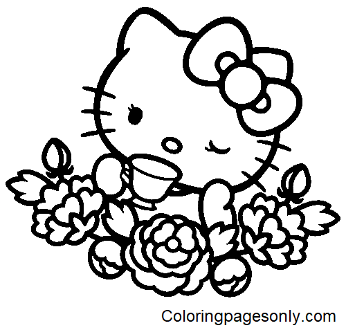 Hello kitty with flowers coloring page