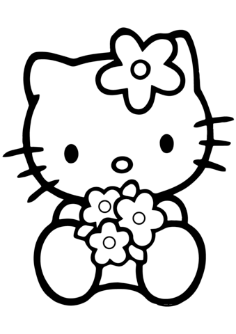 Hello kitty with flowers coloring page free printable coloring pages