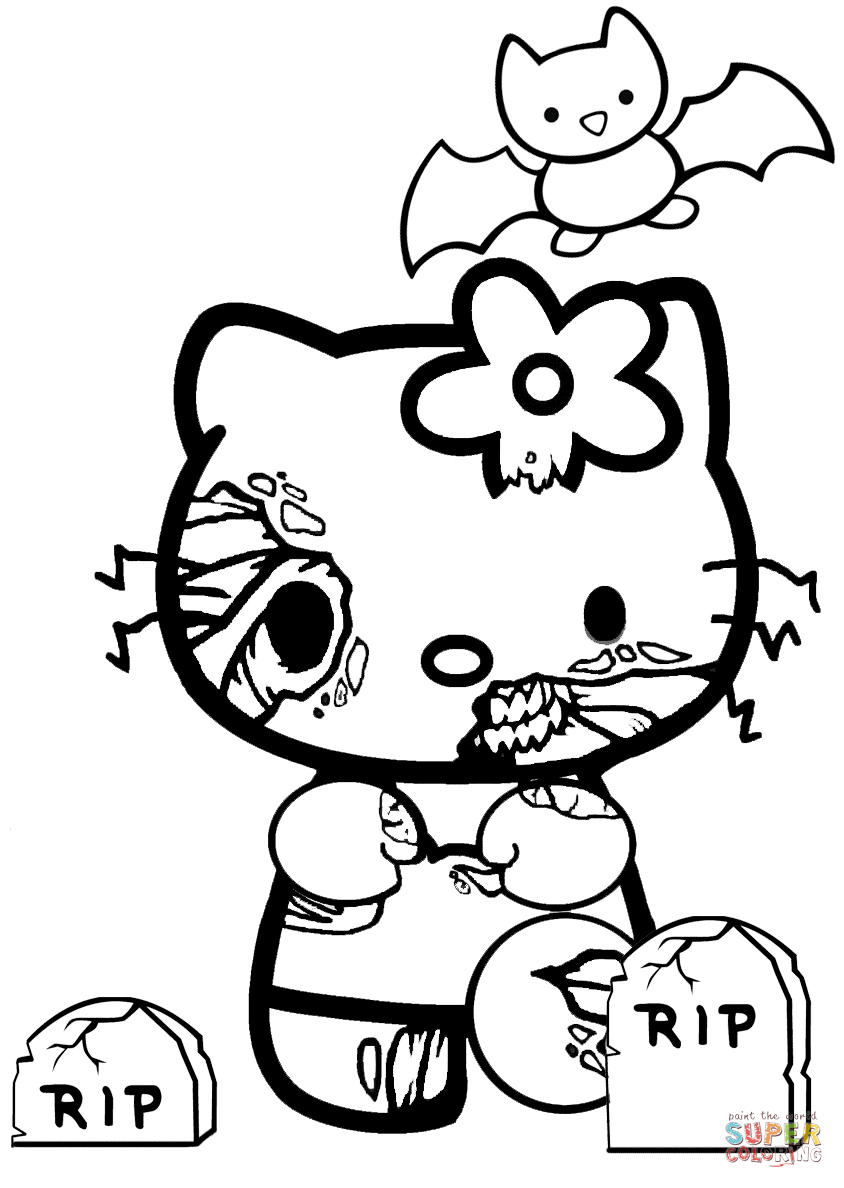 Hello kitty halloween zombie coloring page free printable coloring pages