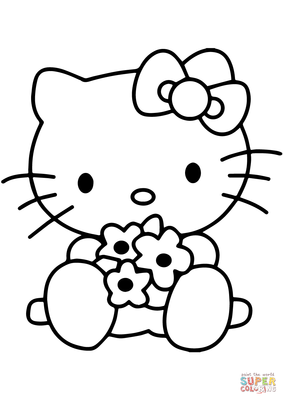 Hello kitty with flowers coloring page free printable coloring pages