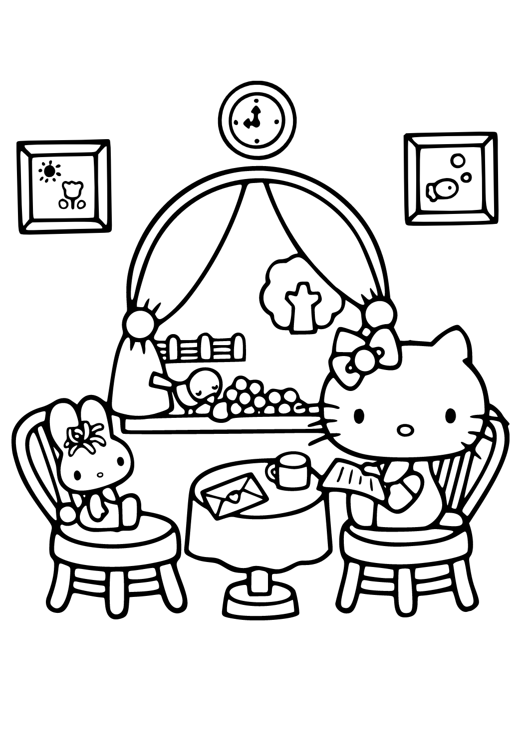 Free printable hello kitty at home coloring page for adults and kids