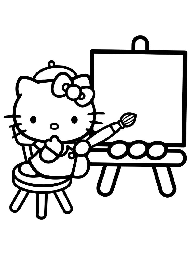 Hello kitty drawing a picture coloring page