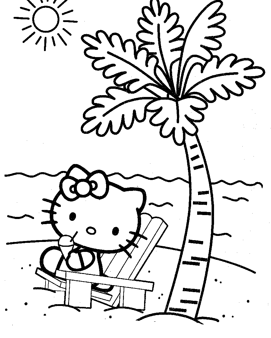 Hello kitty at the beach coloring page