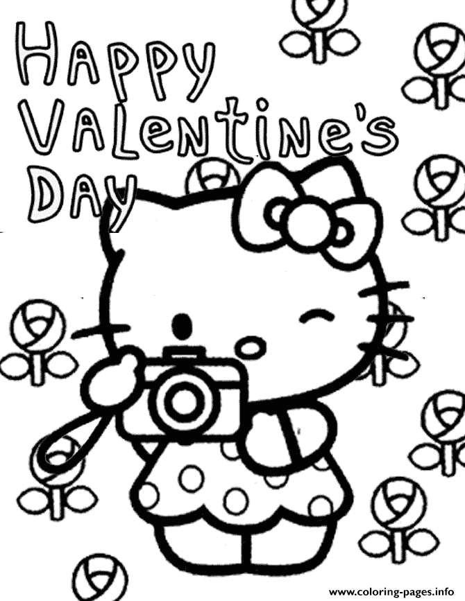 Hello kitty and flowers valentines coloring page printable