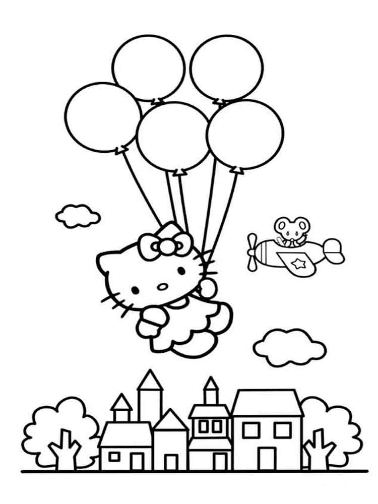 Hello kitty flying on balloons coloring page