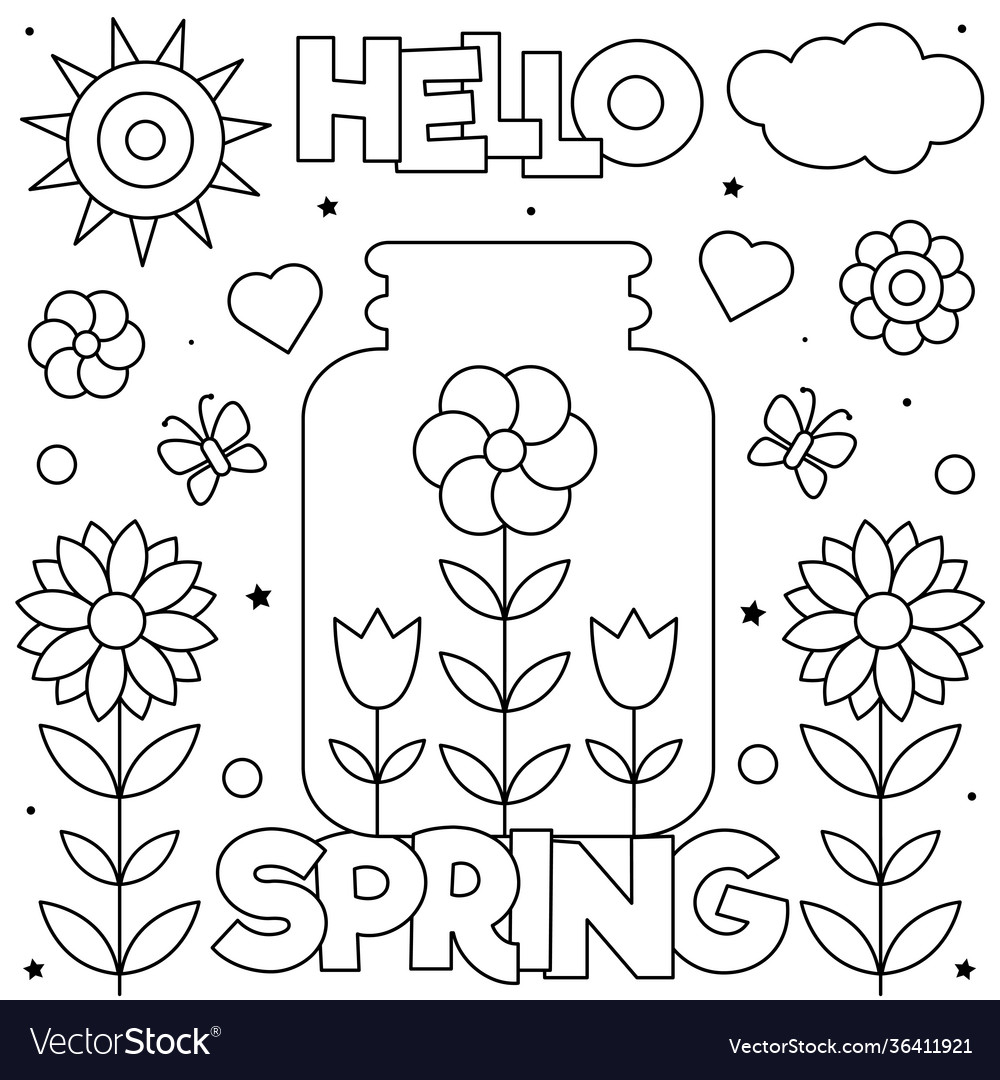 Hello spring coloring page black and white vector image