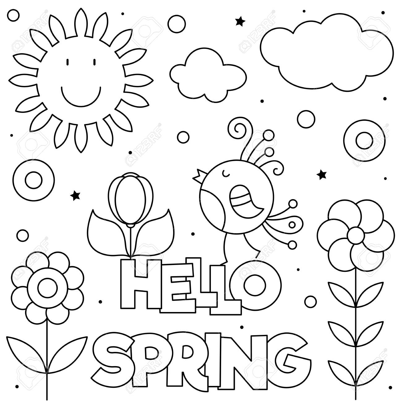 Hello spring coloring page black and white vector illustration royalty free svg cliparts vectors and stock illustration image