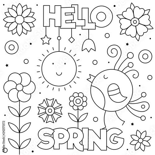 Hello spring coloring page black and white vector illustration spring coloring pages spring coloring sheets free printable coloring pages