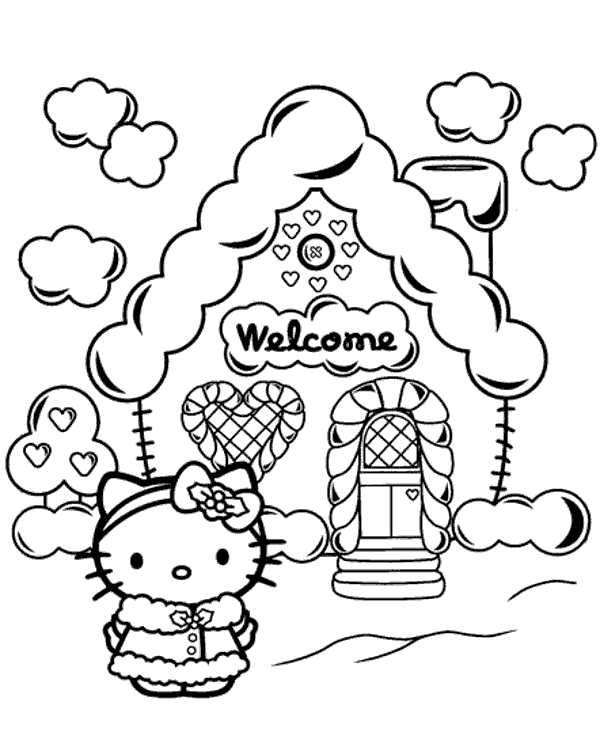 Gingerbread house hello kitty coloring page