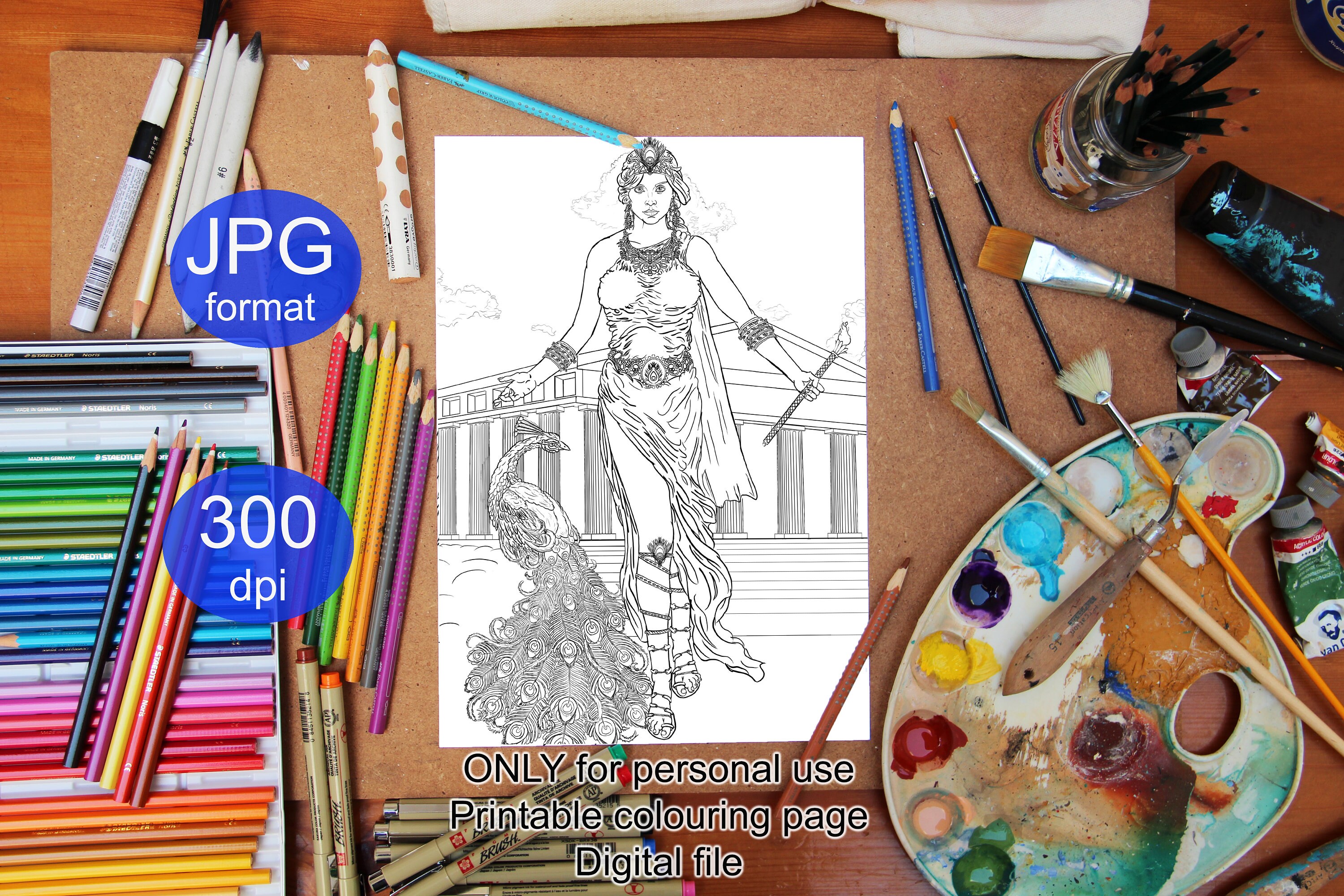 Hera coloring page printable colouring adults children lineart stress relief greek goddess drawing painting trigger creativity instant download