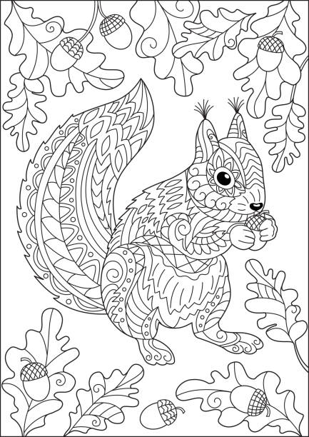 Squirrel and autumn oak leaves and acorns coloring page for adult and children stock illustration