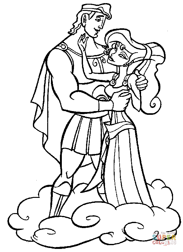 Hercules and megara on cloud coloring page free printable coloring pages