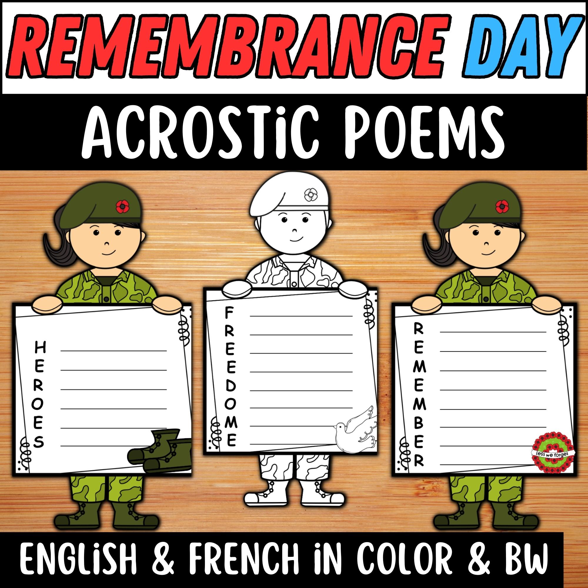 Remembrance day canada acrostic poem in english french jour du souvenir poem made by teachers