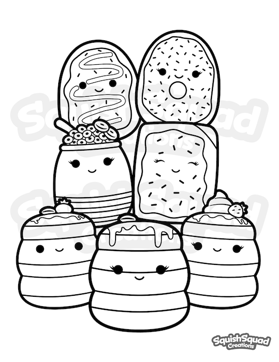 Linda pãgina para colorear del equipo de desayuno de squishmallow pãgina para colorear imprimible pãgina para colorear de hoja para colorear descargable para niãos