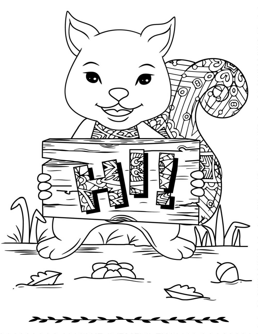 Free printable squirrel says hi coloring page