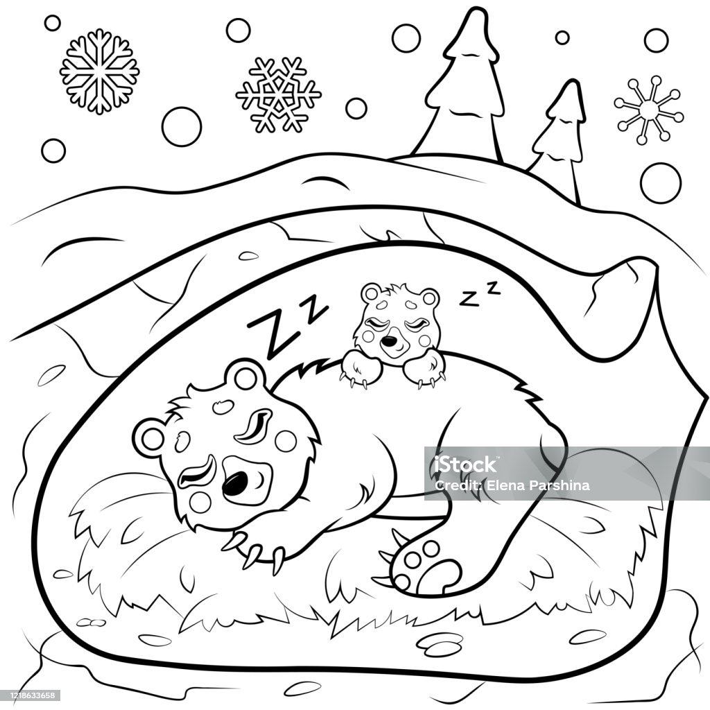 Cute cartoon sleeping bears in den in winter vector coloring page bear mom with her cub coloring book of forest animals for kids stock illustration