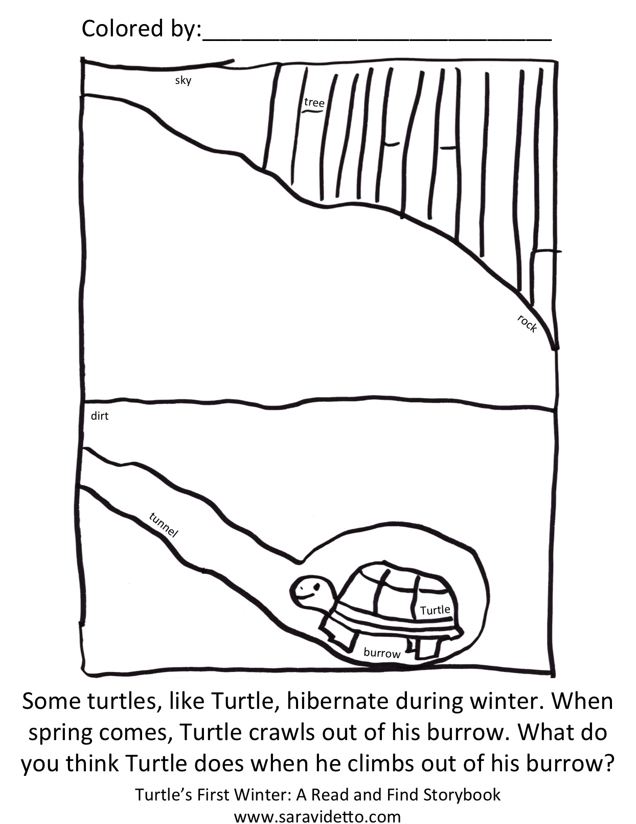 Turtle end hibernation coloring page bw with text â sara beth videtto