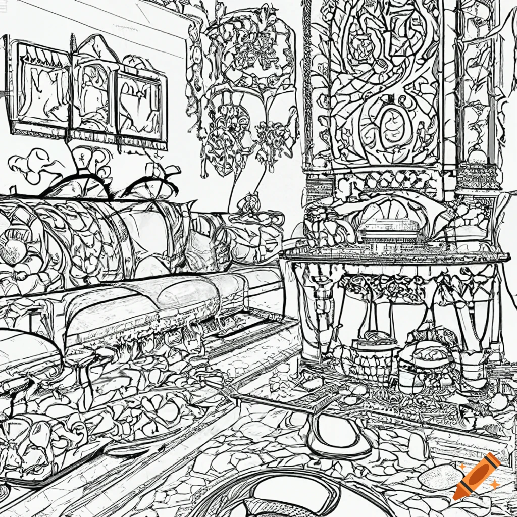 Old kitchen in coloring book style on