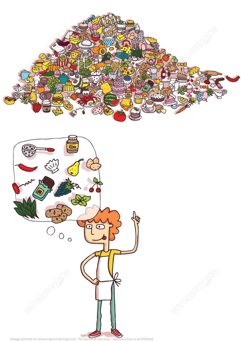 Find kitchen tools and foods in a pile of objects puzzle super coloring hidden pictures free printable puzzles hidden object puzzles