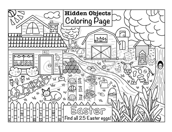 Easter egg search coloring page hidden objects printout download colouring page find and color easter egg hunt farm animals doodle instant download