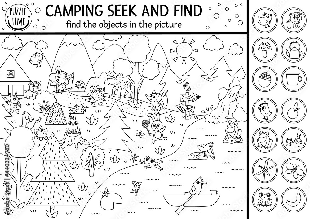 Vector black and white camping searching game or coloring page with cute animals in the forest
