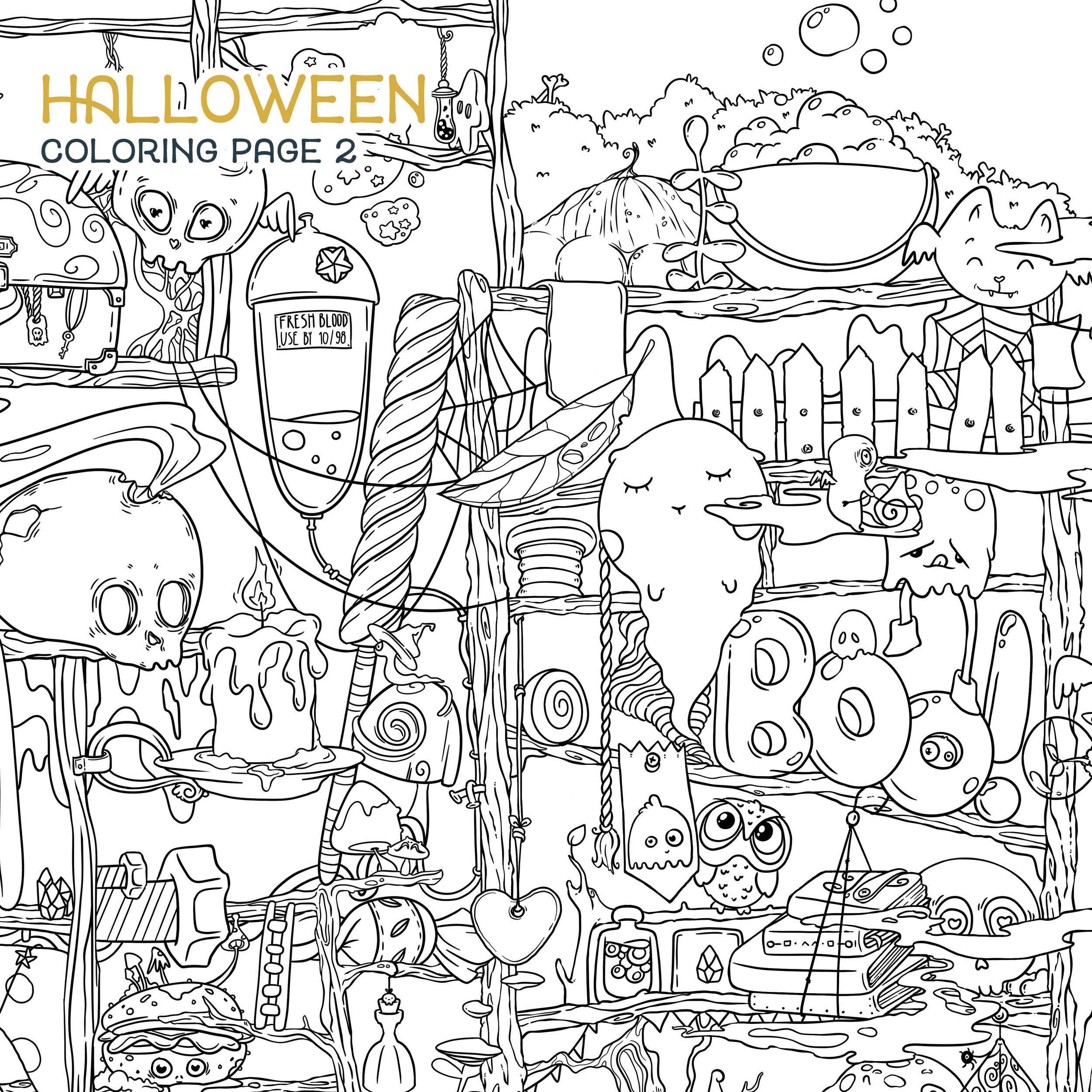 Halloween coloring page cute autumn doodle digital download pdf printable mushroom potion cat skull adult coloring page by jen katz