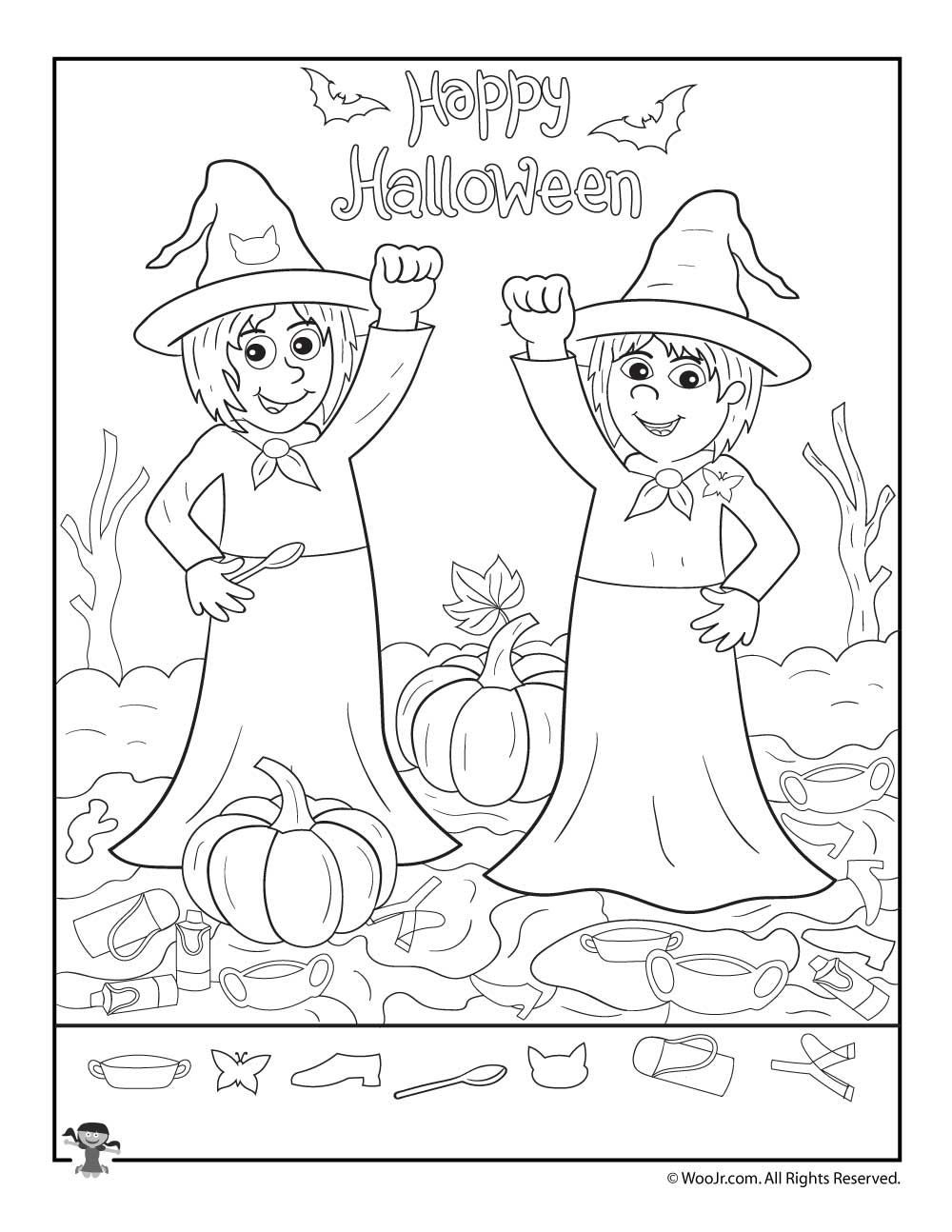 Witches happy halloween hidden items worksheet woo jr kids activities childrens publishing hidden pictures halloween activities for kids halloween kids