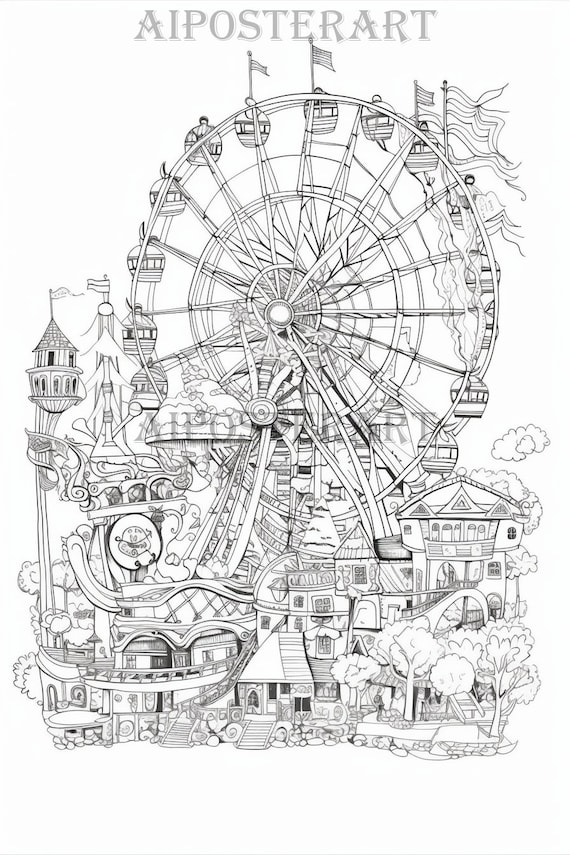 Crowded funfair very detailed ical coloring sheet for adults printable coloring page advanced coloring high res x pixels download now