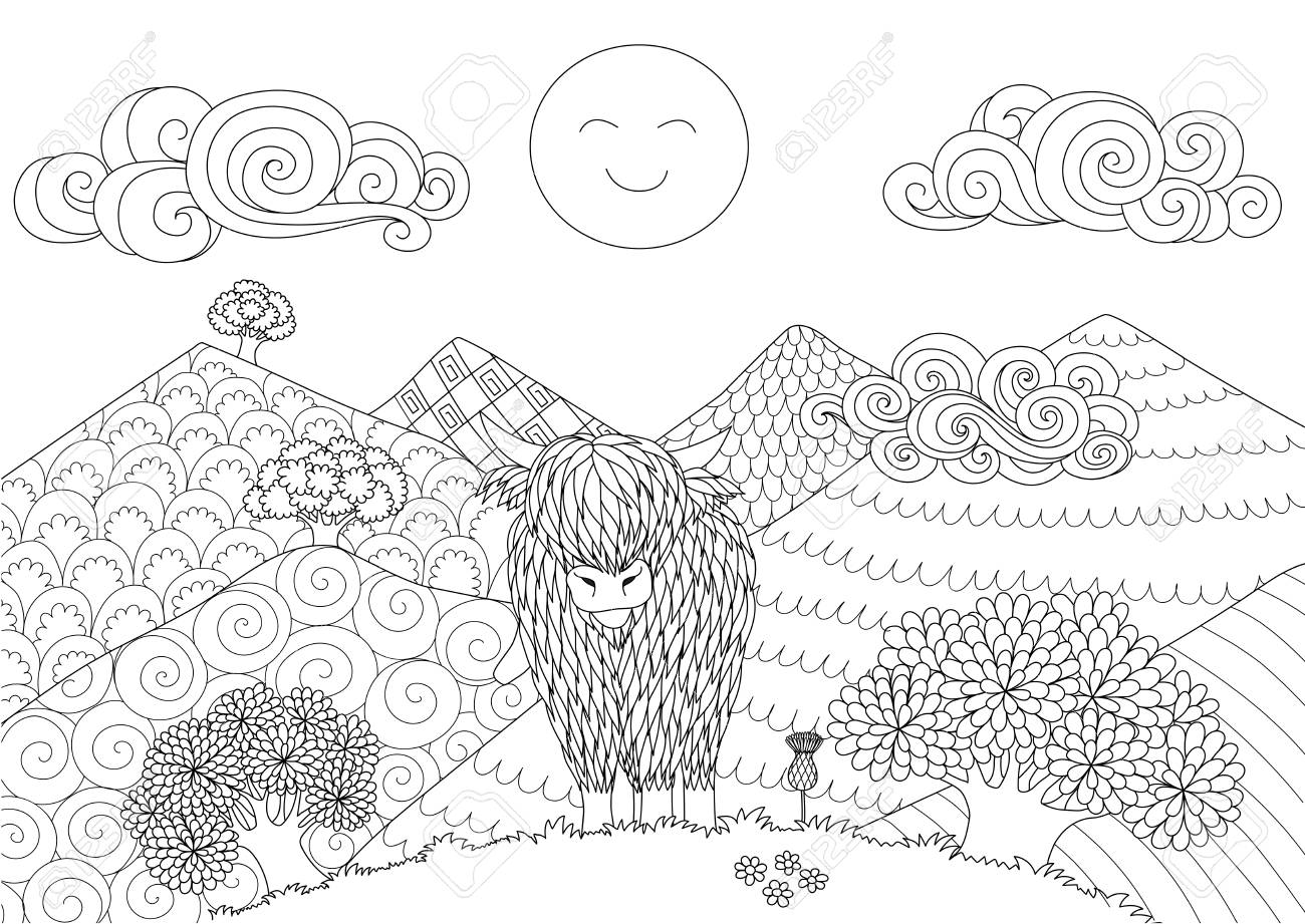 Cute highland cow walking on the hill for design element and coloring book page for adult vector illustration royalty free svg cliparts vectors and stock illustration image