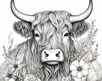 Floral highland cow print adult coloring page digital downloads