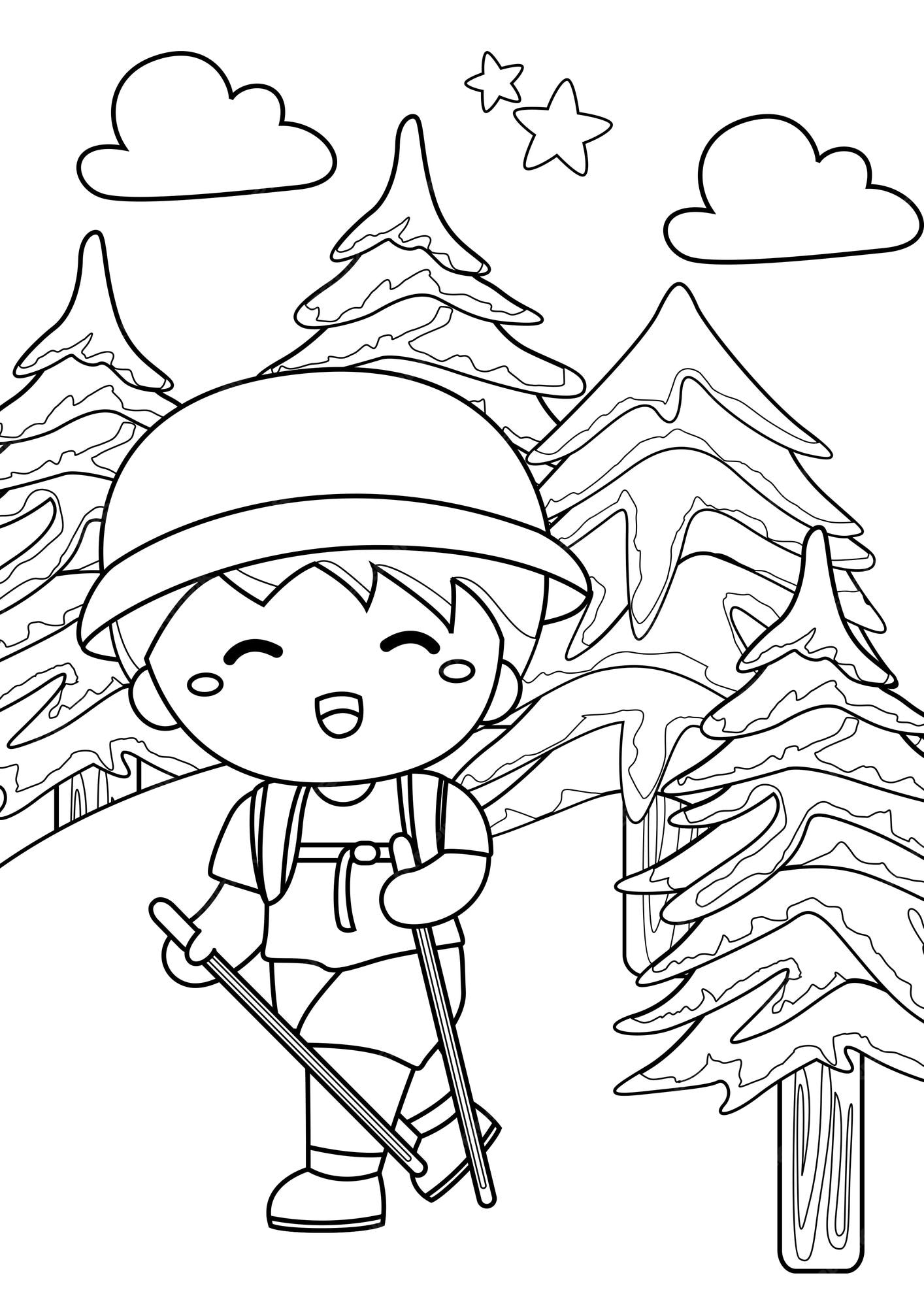 Premium vector coloring pages for kids a page hiking adventure camping theme