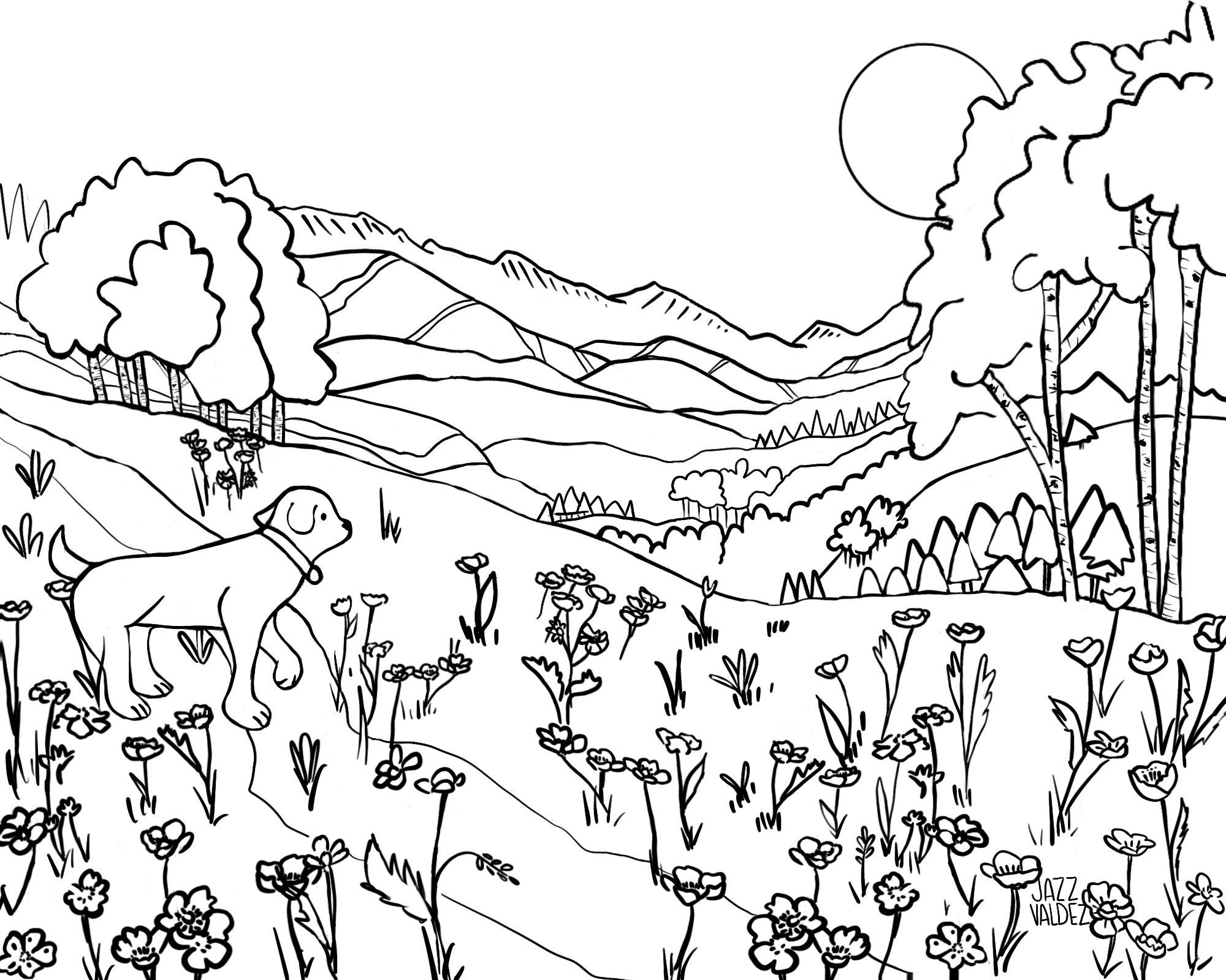 Dog hiking nature coloring page printable illustration of colorado meadows instant download