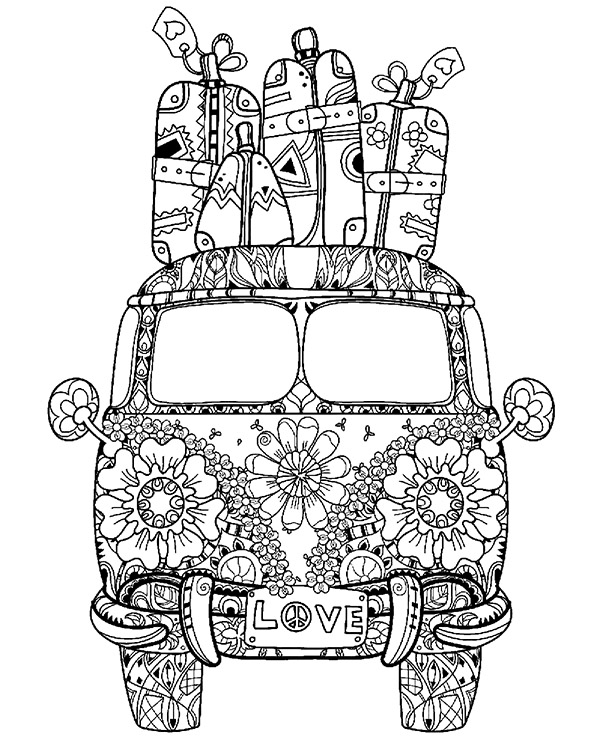 Printable picture to color with hippie car bus