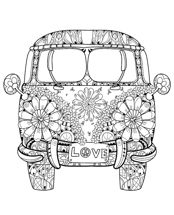 Hippie car coloring page picture for adults