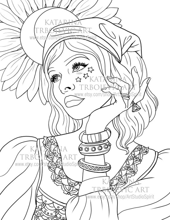 Adult coloring page bohemian woman portrait hippie vibes printable coloring page instant download jpeg pdf