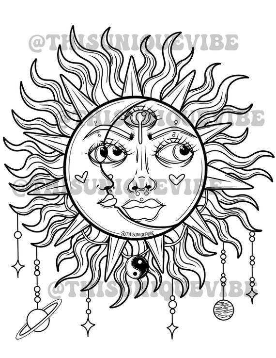 Sun and moon goddess coloring page printable adult coloring page coloring book trippy coloring page trippy art hippie coloring page