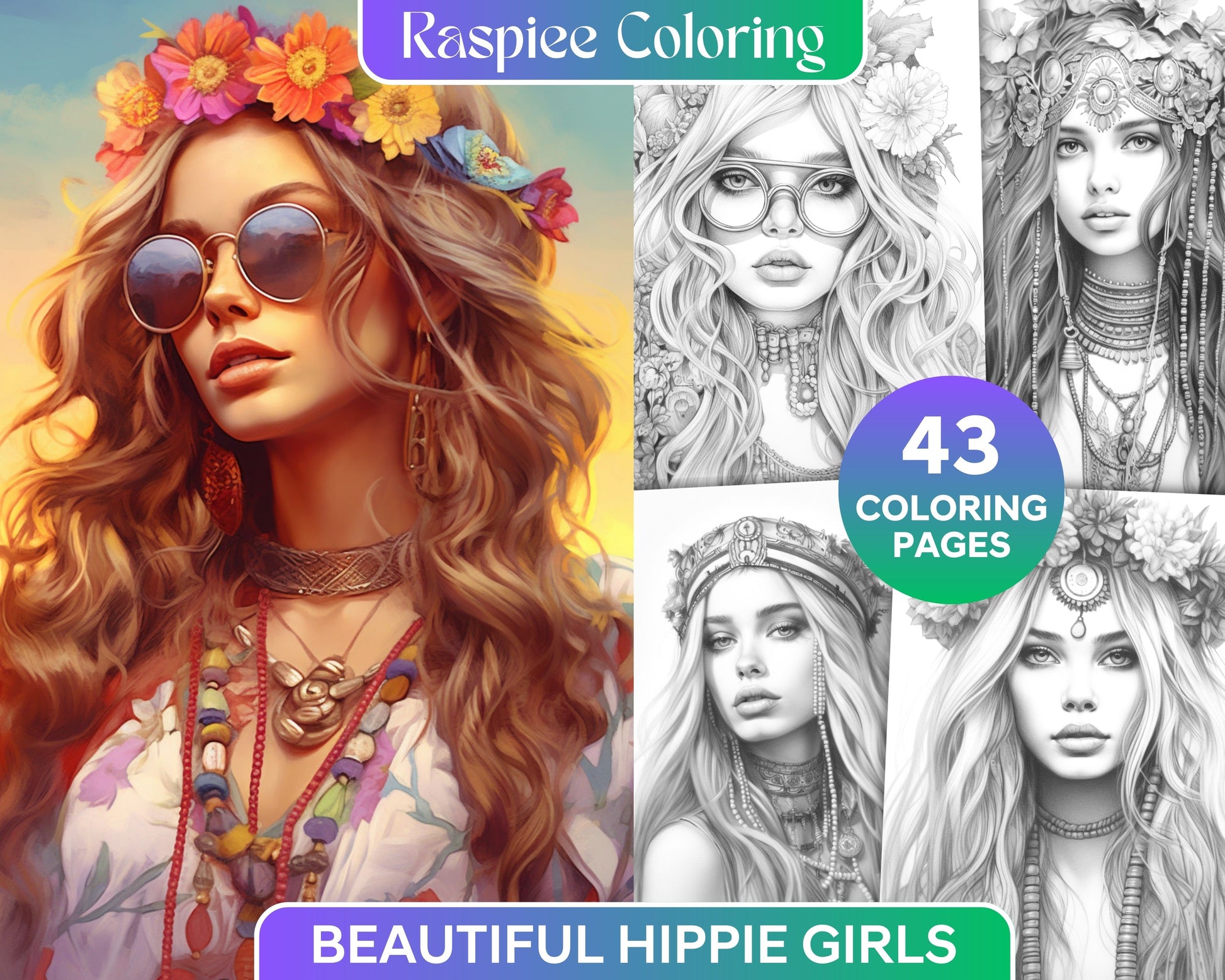 Beautiful hippie girls grayscale coloring pages printable for adult â coloring