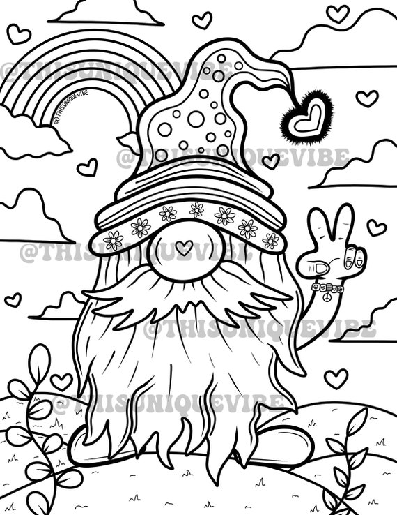 Hippie gnome coloring page printable adult coloring page coloring book trippy coloring page trippy art hippie coloring page gnome