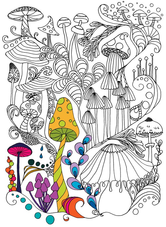 Mushroom coloring page s s hippie psychedelic trippy groovy adult woodland enchanted forest printable coloring page pdf