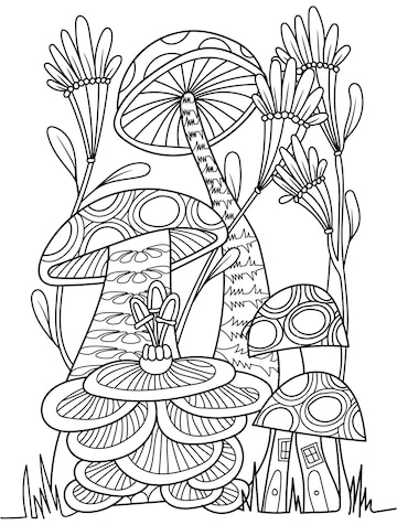 Premium vector mushroom magical house coloring page for adults