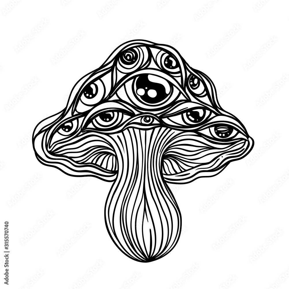 Magic mushrooms psychedelic hallucination outline vector illustration isolated on white s hippie art coloring book for kids and adults