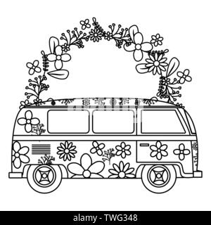 Hippie van with floral print and flowers crown vector illustration design stock vector image art