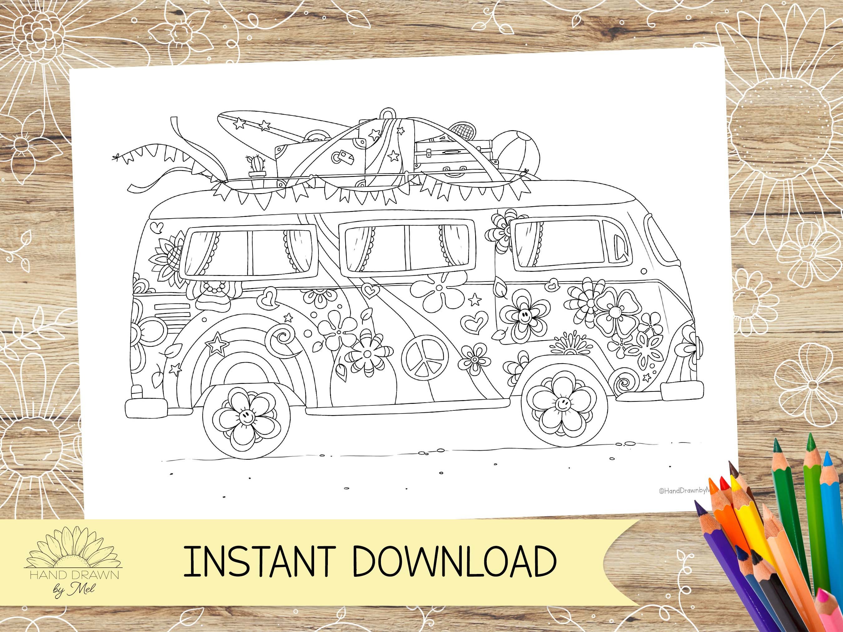 Happy camper colouring page for adults campervan happy hippy s themed instant digital download pdf jpeg in a and us letter download now