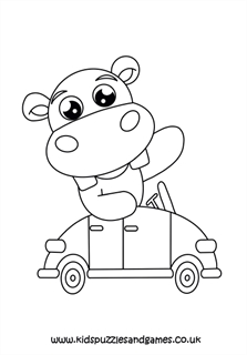 Hippo in a car louring page