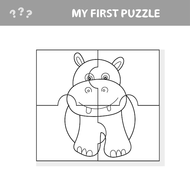 Premium vector cartoon vector illustration of education jigsaw puzzle game for preschool children with funny hippo my first puzzle and coloring page