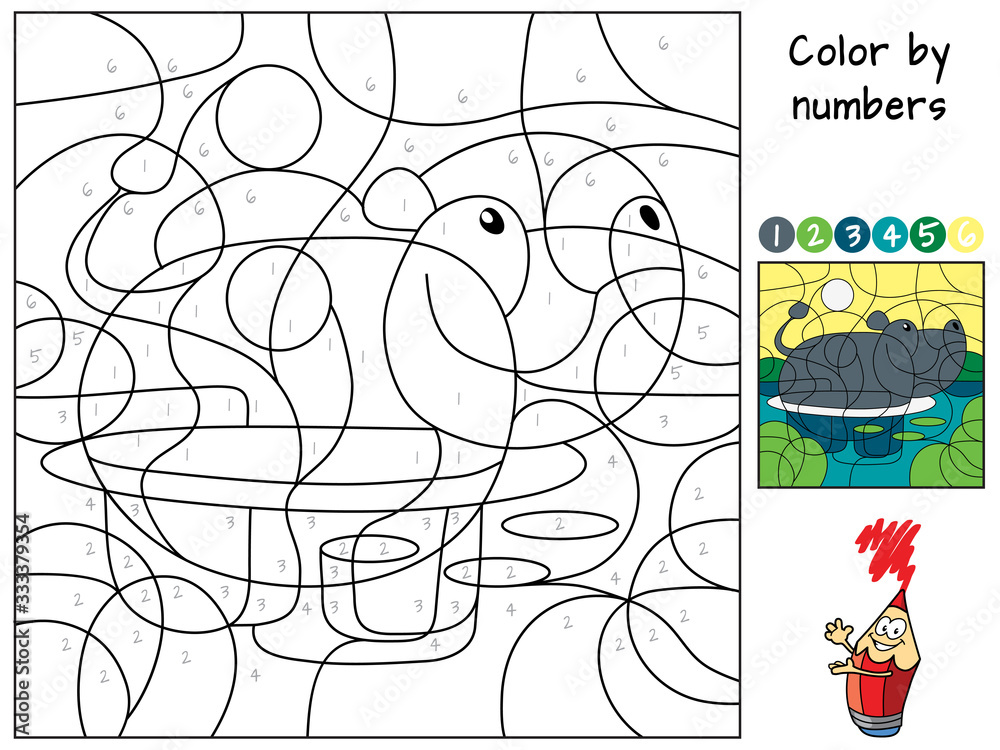 Funny hippo color by numbers coloring book educational puzzle game for children cartoon vector illustration vector