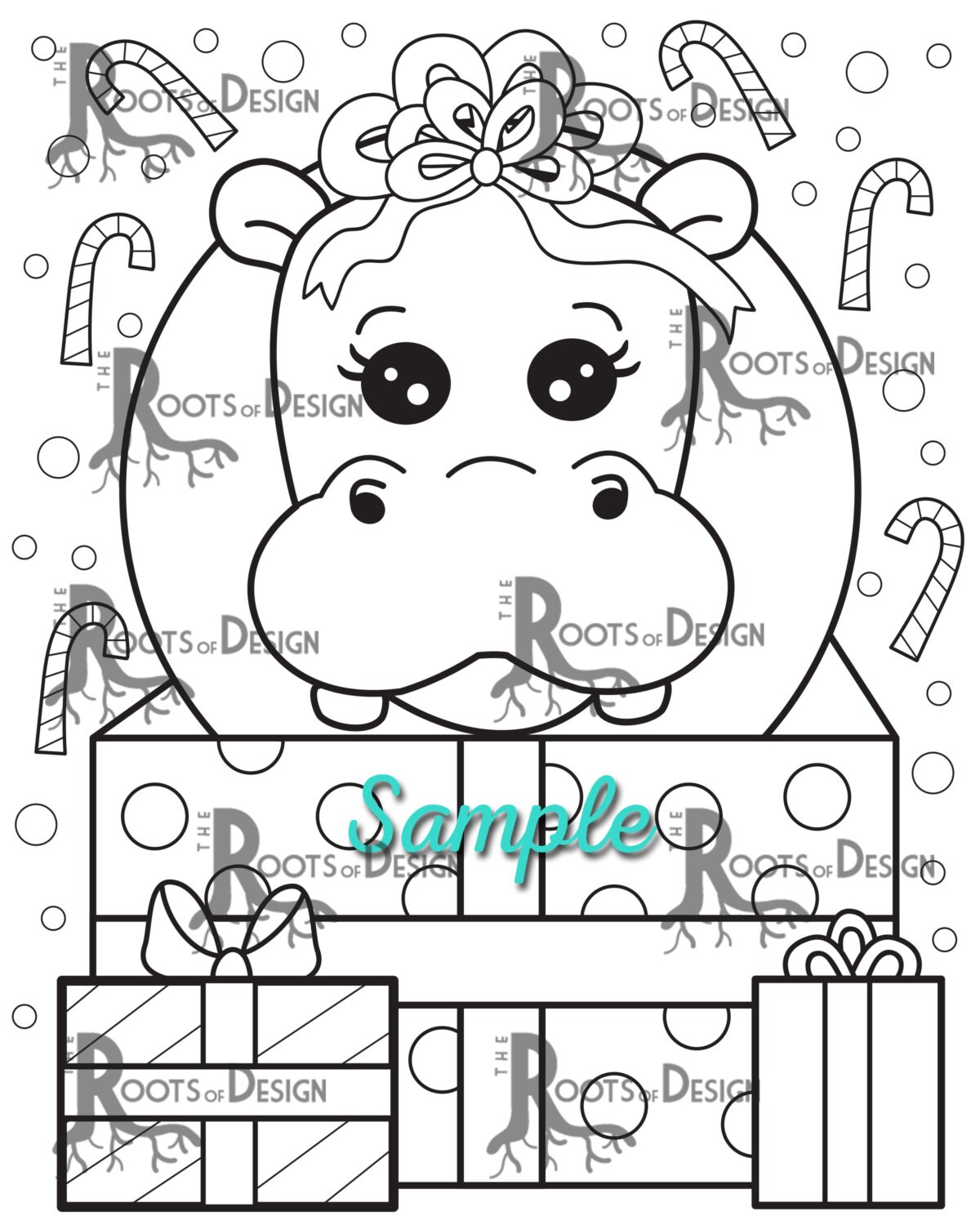 Instant download cute christmas hippo page print doodle art printable