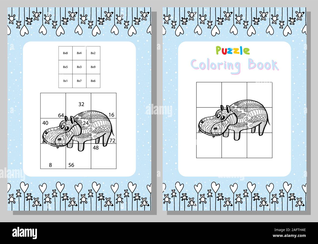 Multiplication table puzzle coloring book hippo childish style educational games gamevector stock vector image art