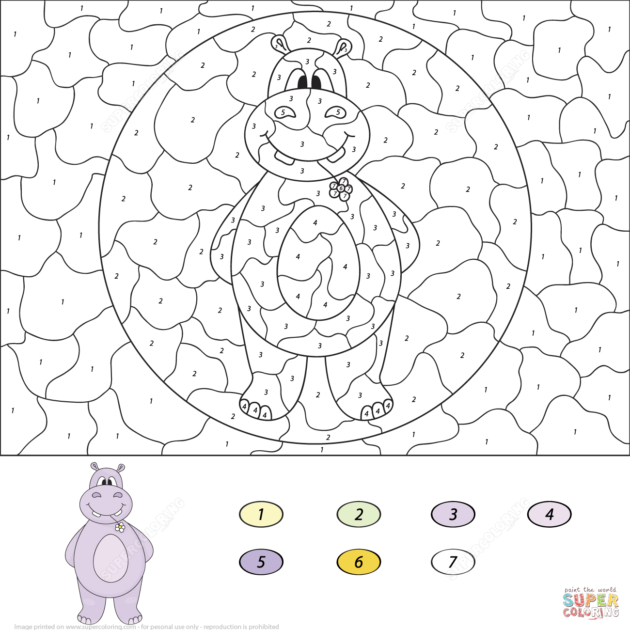 Cartoon hippo color by number free printable coloring pages