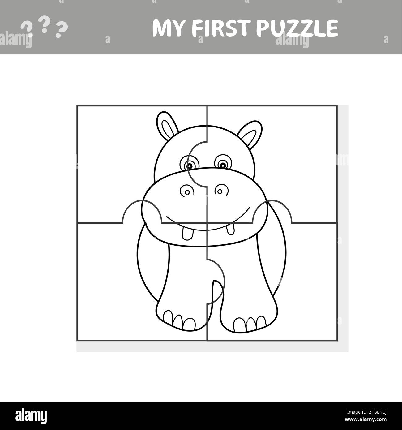 Cartoon vector illustration of education jigsaw puzzle game for preschool children with funny hippo my first puzzle and coloring page stock vector image art